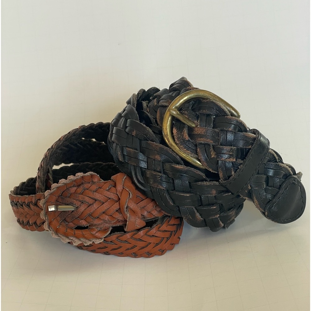 2 BRAIDED LEATHER BELTS BLACK 38” BROWN 42” Unisex Women’s L Neutral Versatile